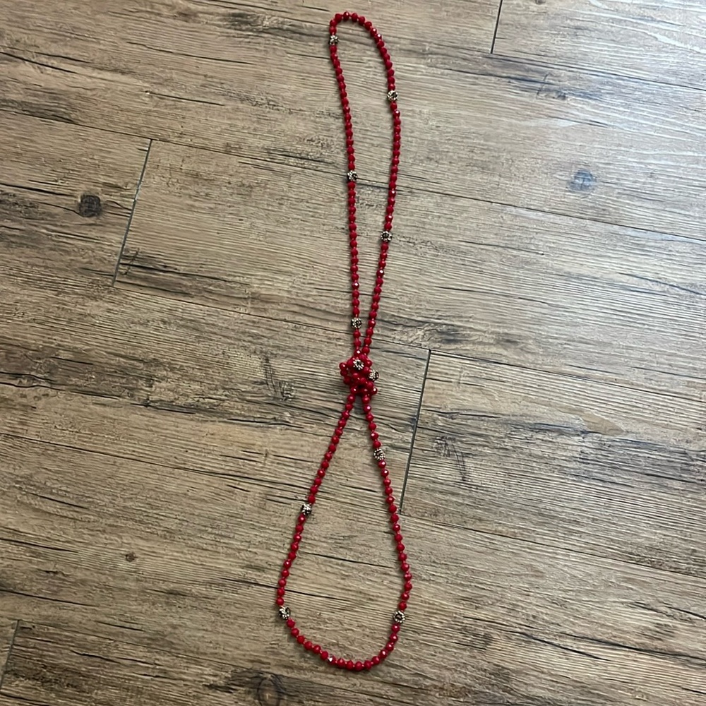 Red bead necklace with cheetah print beads